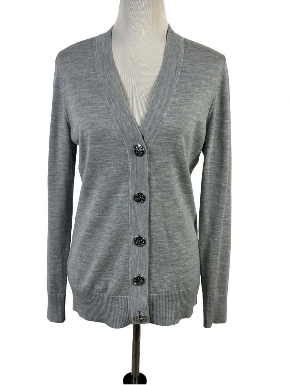 Tory Burch Heather Gray 100% Merino Wool Cardigan Large Silver Buttons Size L